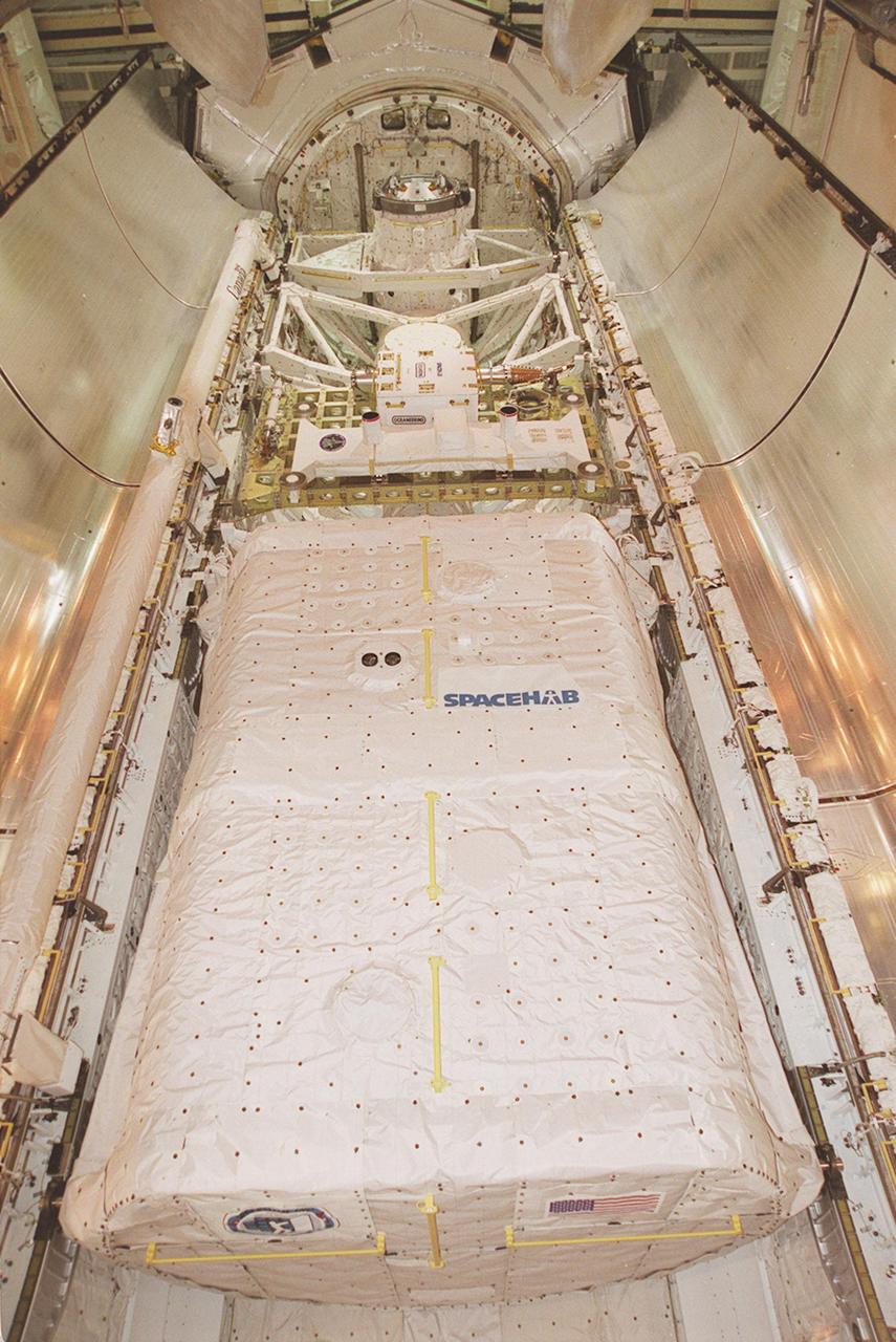 KENNEDY SPACE CENTER, FLA. -- The payload on mission STS-101 is secure in the payload bay of Space Shuttle Atlantis prior to door closure. On the lower end is the SPACEHAB double module. The mission will deliver logistics and supplies to the International Space Station, plus prepare the Station for the arrival of the Zvezda Service Module, expected to be launched by Russia in July 2000. The crew will conduct one spacewalk to perform maintenance on the Space Station. This will be the third assembly flight for the Space Station. STS-101 is scheduled to launch April 24 at 4:15 p.m. from Launch Pad 39A.