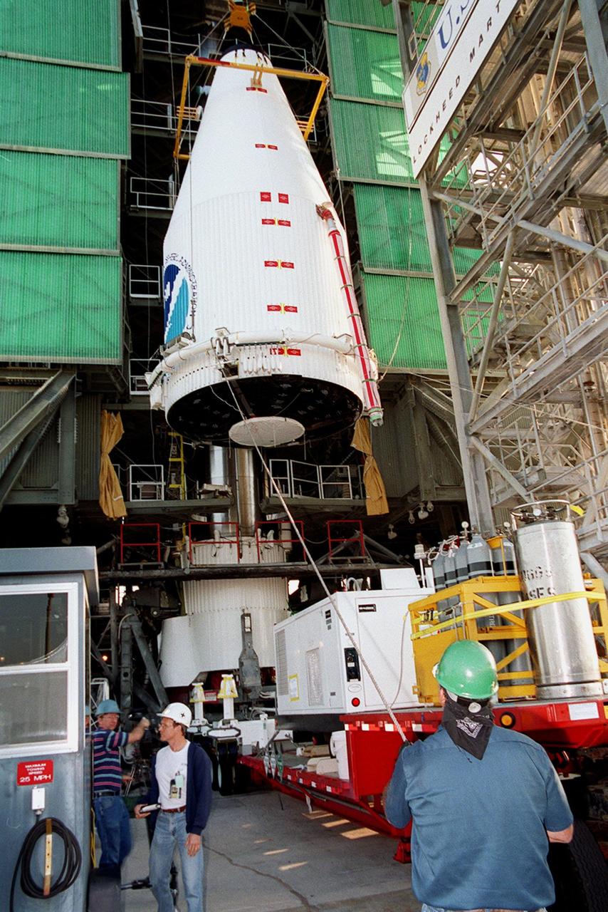 The GOES-L satellite is ready for mating with the lower stages of the Atlas IIA rocket on pad 36A, Cape Canaveral Air Force Station. Atlas II is designed to launch payloads into low earth orbit, geosynchronous transfer orbit or geosynchronous orbit. The rocket is the launch vehicle for the GOES-L satellite, part of the NOAA National Weather Service system in weather imagery and atmospheric sounding information. The primary objective of the GOES-L is to provide a full capability satellite in an on-orbit storage condition, to assure NOAA continuity in services from a two-satellite constellation. Launch services are being provided by the 45th Space Wing. Launch is scheduled for May 3