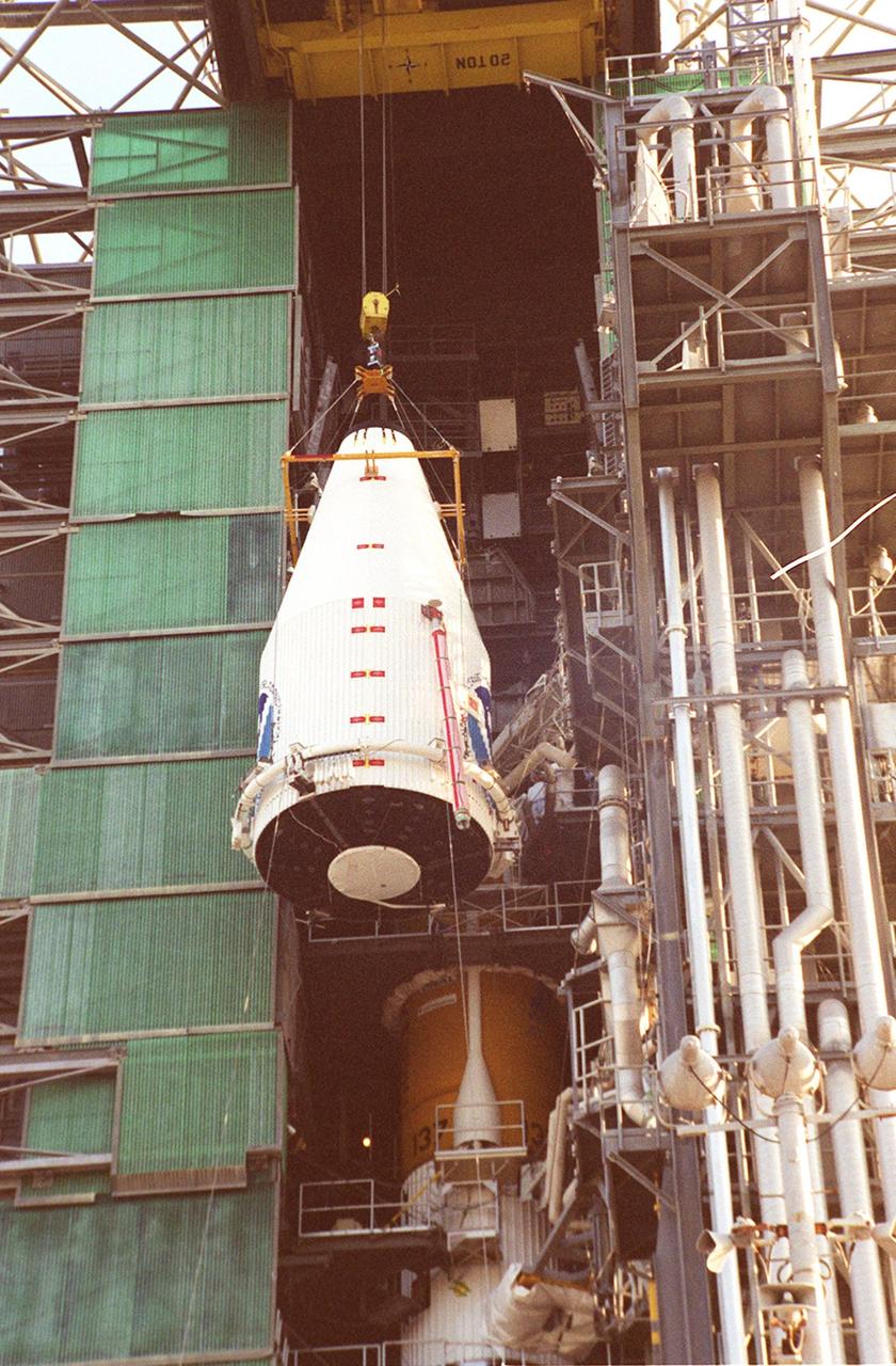 The GOES-L satellite approaches the end of its journey up the gantry on pad 36A, Cape Canaveral Air Force Station, for mating with the Atlas IIA/Centaur rocket. The Atlas IIA is designed to launch payloads into low earth orbit, geosynchronous transfer orbit or geosynchronous orbit. The rocket is the launch vehicle for the GOES-L satellite, part of the NOAA National Weather Service system in weather imagery and atmospheric sounding information. The primary objective of the GOES-L is to provide a full capability satellite in an on-orbit storage condition, to assure NOAA continuity in services from a two-satellite constellation. Launch services are being provided by the 45th Space Wing. Launch is scheduled for May 3