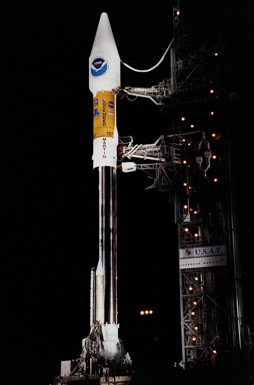 The Atlas II/Centaur rocket carrying the NASA/NOAA weather satellite GOES-L is revealed after the tower was rolled back before launch. The primary objective of the GOES-L is to provide a full capability satellite in an on-orbit storage condition, in order to assure NOAA continuity in services from a two-satellite constellation. Launch services are being provided by the 45th Space Wing. Liftoff is targeted to occur at the opening of a launch window extending from 2:27 5:53 a.m. EDT, a duration of three hours and 27 minutes. Launch will occur from Pad A at Complex 36 on Cape Canaveral Air Force Station