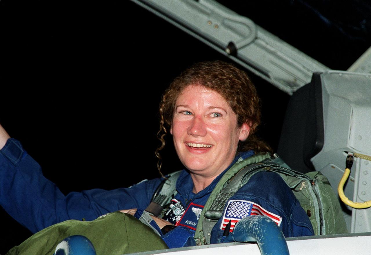 KENNEDY SPACE CENTR, FLA. -- STS-101 Mission Specialist Susan Helms arrives at KSC's Shuttle Landing Facility aboard a T-38 jet aircraft. The last to arrive, she and the rest of the crew will be preparing for the launch on May 18. The mission will take the crew of seven to the International Space Station, delivering logistics and supplies, plus preparing the Station for the arrival of the Zvezda Service Module, expected to be launched by Russia in July 2000. Also, the crew will conduct one space walk to perform maintenance on the Space Station. This will be the third assembly flight for the Space Station. STS-101 is targeted for liftoff at 6:38 a.m. EDT from Launch Pad 39A