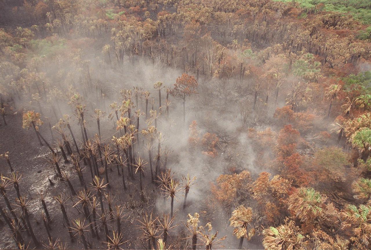 KENNEDY SPACE CENTER, FLA. -- Smoke rising from the smoldering brush on Kennedy Space Center illustrates the hazardous fire conditions that exist throughout Central Florida. The site is between Kennedy Parkway North and the Indian River