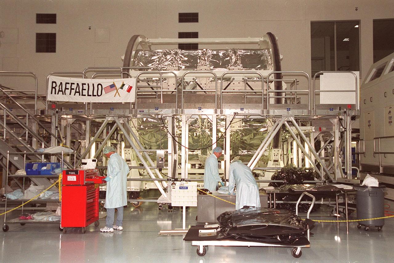 KENNEDY SPACE CENTER, FLA. -- In the Space Station Processing Facility sits Raffaello, one of two Multi-Purpose Logistics Modules (MPLMs) built by Italy for the International Space Station. Raffaello is scheduled on mission STS-100, the 9th flight to the Space Station in 2001. The other MPLM is Leonardo, scheduled on an earlier mission, STS-102, the 8th flight early in 2001