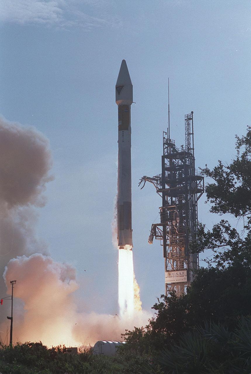 NASA’s Tracking and Data Relay Satellite (TDRS-H) rises into the blue sky from Pad 36A, Cape Canaveral Air Force Station. Liftoff occurred at 8:56 a.m. EDT aboard an Atlas IIA/Centaur rocket. One of three satellites (labeled H, I and J) being built by the Hughes Space and Communications Company, the latest TDRS uses an innovative springback antenna design. A pair of 15-foot-diameter, flexible mesh antenna reflectors fold up for launch, then spring back into their original cupped circular shape on orbit. The new satellites will augment the TDRS system’s existing Sand Ku-band frequencies by adding Ka-band capability. TDRS will serve as the sole means of continuous, high-data-rate communication with the space shuttle, with the International Space Station upon its completion, and with dozens of unmanned scientific satellites in low earth orbit