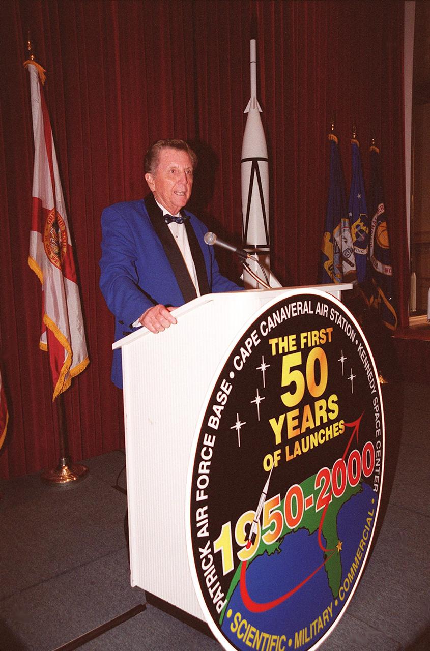 Jay Barbree, a renowned NBC broadcaster and author, emcees the 50th anniversary gala capping a year-long celebration of 50 years of rocket launches from Cape Canaveral Air Force Station. The first launch at CCAFS took place at 9:28 a.m. on July 24, 1950, with the liftoff of Bumper 8 from Launch Complex 3. The gala was hosted by the Cape Canaveral Chapter Air Force Association