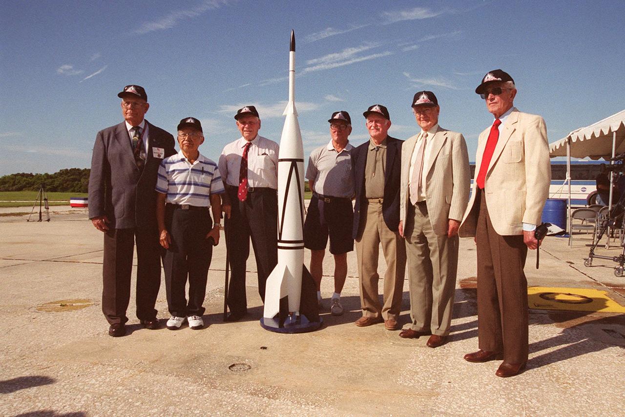 A 50th Anniversary Ceremony was held today in honor of the first rocket launch, called Bumper 8, from Pad 3 at Cape Canaveral on July 24, 1950. Members of the original Bumper 8 team reconvene at the ceremony with a Bumper 8 model rocket. The model was later launched as part of the festivities. Other activities included presentation of a Bumper Award to the Honorable George Kirkpatrick, State Senator, District 5; remarks by Center Director Roy Bridges and Commander, 45th Space Wing, Brig. Gen. Donald Pettit; and a reception at Hangar C. Bumper consisted of a German V-2 missile acting as the booster and a U.S. Army WAC Corporal rocket as the second stage. Since 1950 there have been a total of 3,245 launches from Cape Canaveral