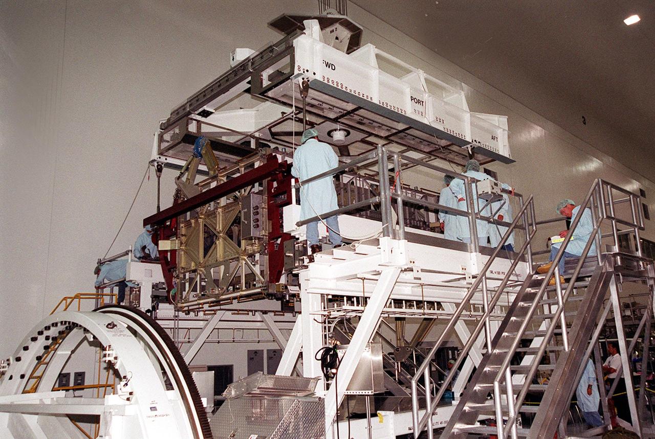 KENNEDY SPACE CENTER, FLA. -- After its move across the Space Station Processing Facility, the International Space Station’s P4 truss rests in its workstand. Part of the 10-truss, girder-like structure that will ultimately extend the length of a football field, the P4 is the second port truss segment that will attach to the first port truss segment (P1 truss). The P4 is scheduled for mission 12A in September 2002.