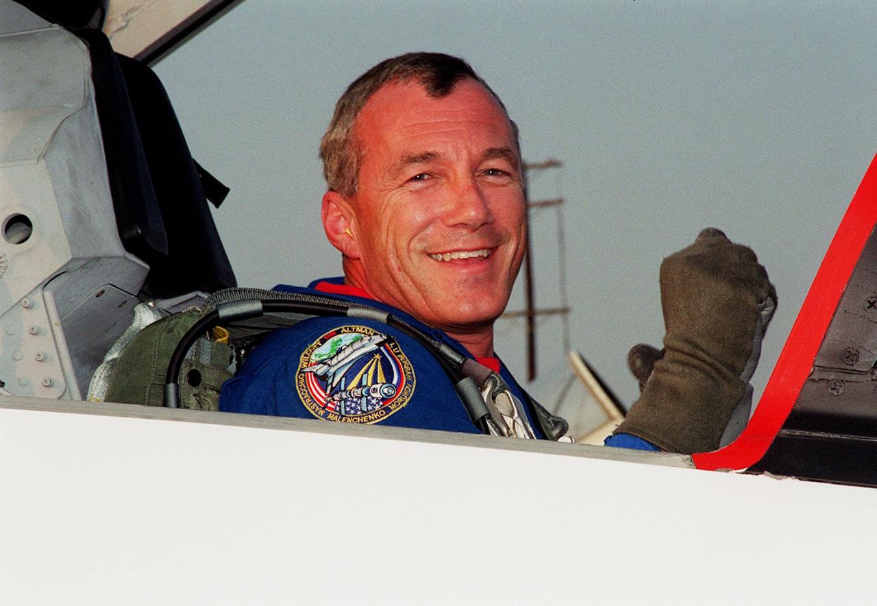 STS-106 Commander Terrence W. Wilcutt grins after landing at the KSC Shuttle Landing Facility aboard a T-38 jet aircraft. He and the rest of the crew will be taking part in Terminal Countdown Demonstration Test activities, which include emergency egress training and a simulated launch countdown. STS-106 is scheduled to launch Sept. 8, 2000, at 8:31 a.m. EDT from Launch Pad 39B. On the 11-day mission, the seven-member crew will perform support tasks on orbit, transfer supplies and prepare the living quarters in the newly arrived Zvezda Service Module. The first long-duration crew, dubbed “Expedition One,” is due to arrive at the Station in late fall