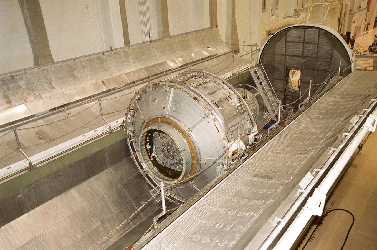 KENNEDY SPACE CENTER, FLA. -- The Joint Airlock Module, the gateway from which crew members aboard the International Space Station will enter and exit the 470-ton orbiting research facility, rests in the payload canister that will take it to the Space Station Processing Facility. There the module will undergo more preflight processing for the STS-104 mission scheduled for launch aboard Space Shuttle Atlantis May 17, 2001