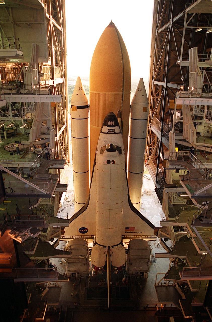 KENNEDY SPACE CENTER, Fla. -- Space Shuttle Endeavour is ready to move from the Vehicle Assembly Building into the light of early morning on its rollout to Launch Pad 39B. The Space Shuttle sits atop the Mobile Launcher Platform (MLP). Endeavour is scheduled to be launched Nov. 30 at 10:01 p.m. EST on mission STS-97, the sixth construction flight to the International Space Station. Its payload includes the P6 Integrated Truss Structure and a photovoltaic (PV) module, with giant solar arrays that will provide power to the Station. The mission includes two spacewalks to complete the solar array connections