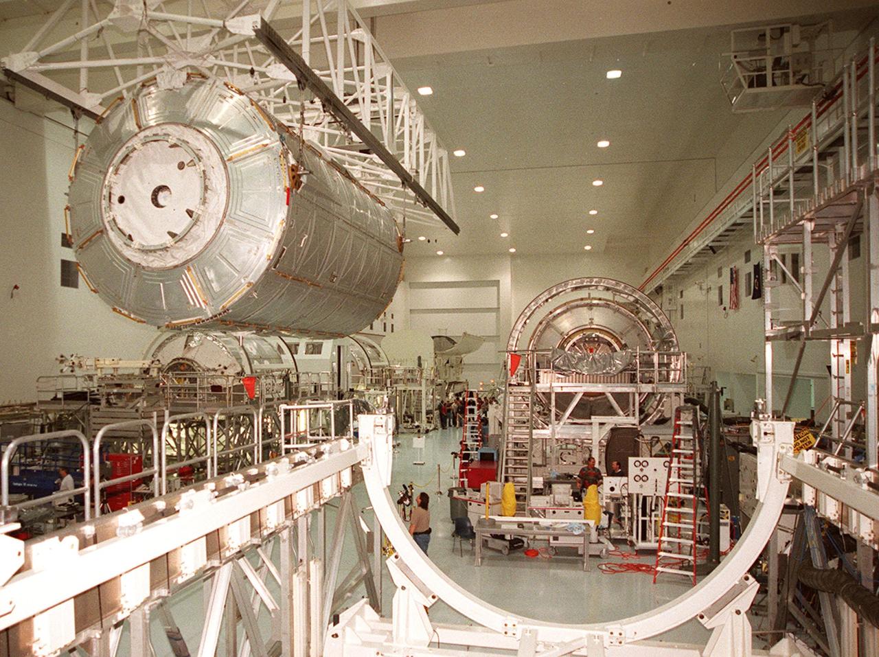 KENNEDY SPACE CENTER, FLA. -- In the Space Station Processing Facility, the U.S. Lab Destiny is moved from its test and integration stand to go into the Launch Package Integration Stand (LPIS) for a weight and center of gravity determination. Destiny is the payload aboard Space Shuttle Atlantis on mission STS-98 to the International Space Station. The lab is fitted with five system racks and will already have experiments installed inside for the flight. The launch is scheduled for January 2001