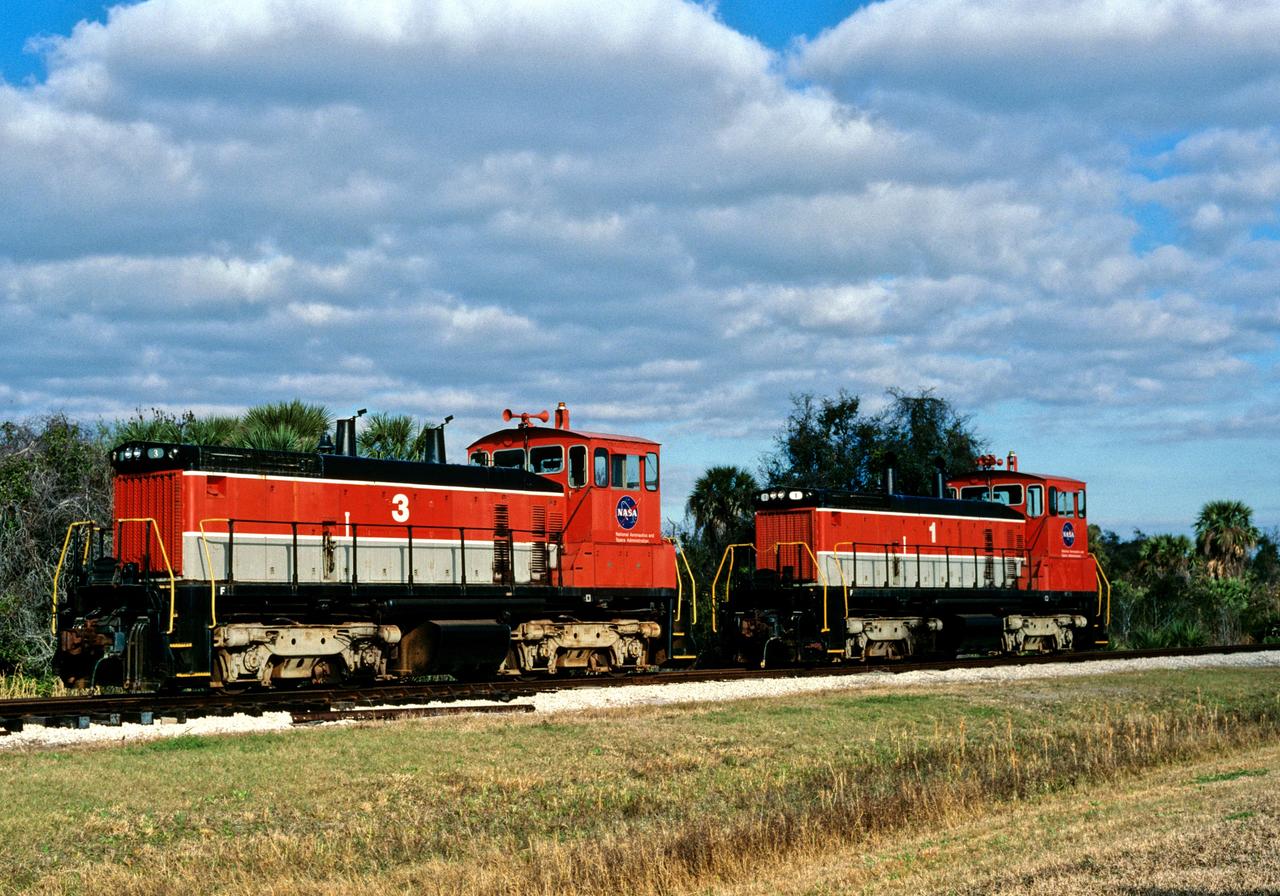 CAPE CANAVERAL, Fla. – Two NASA railroad locomotives at the Kennedy Space Center in Florida is part of the space agency's railroad operation to not only move equipment at Kennedy, but to transport hardware to and from contractor facilities across the nation. Photo credit: NASA