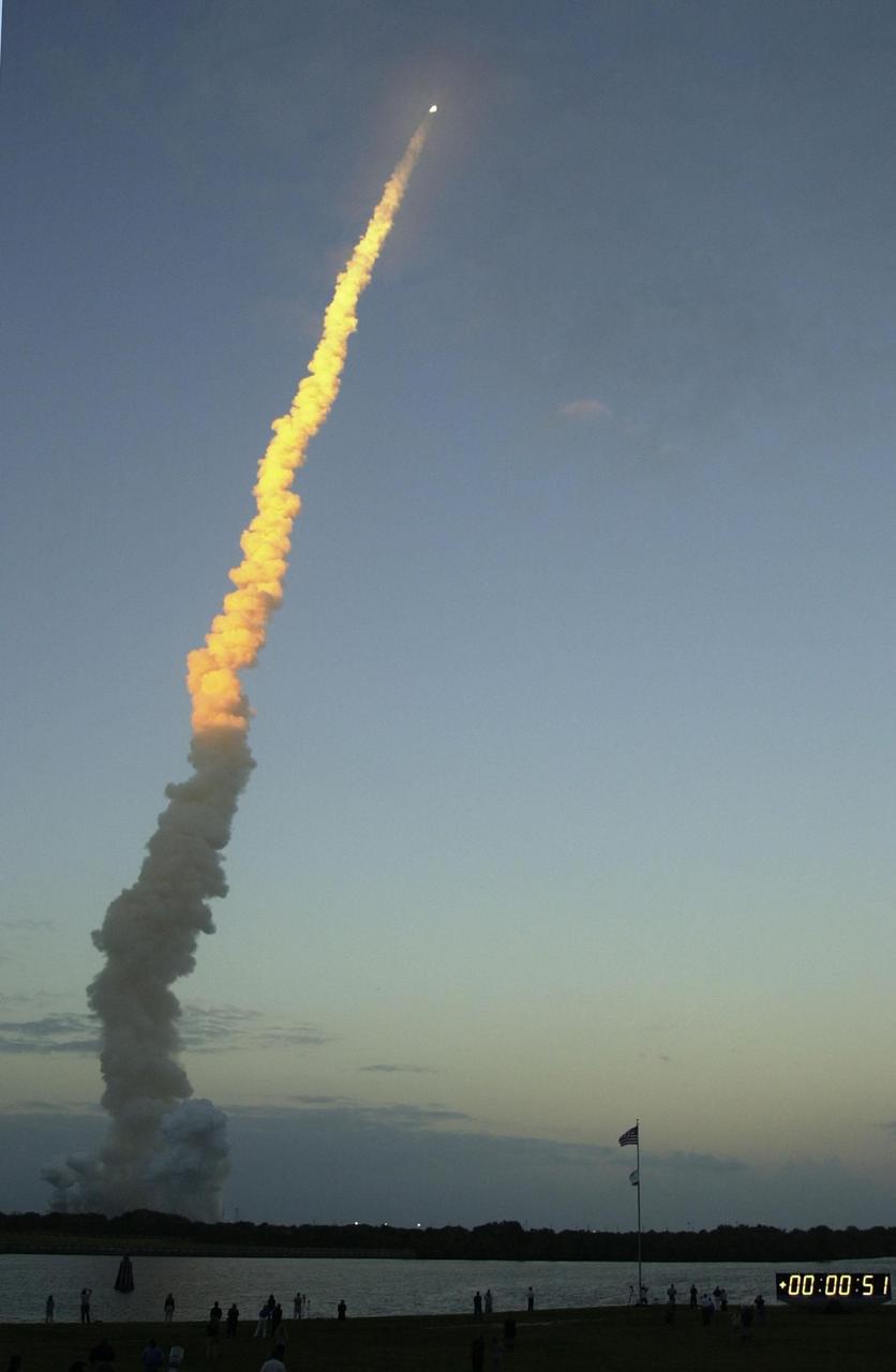 KENNEDY SPACE CENTER, Fla. -- Like a lighted taper, Space Shuttle Endeavour shines atop its twisted contrail as it soars into space on mission STS-108. Liftoff occurred at 5:19:28 p.m. EST (22:19 GMT). Endeavour will dock with the International Space Station on Dec. 7. STS-108 is the final Shuttle mission of 2001and the 107th Shuttle flight overall. It is the 12th flight to the Space Station. Landing of the orbiter at KSC's Shuttle Landing Facility is targeted for 1:05 p.m. EST (18:05 p.m. GMT) Dec. 16