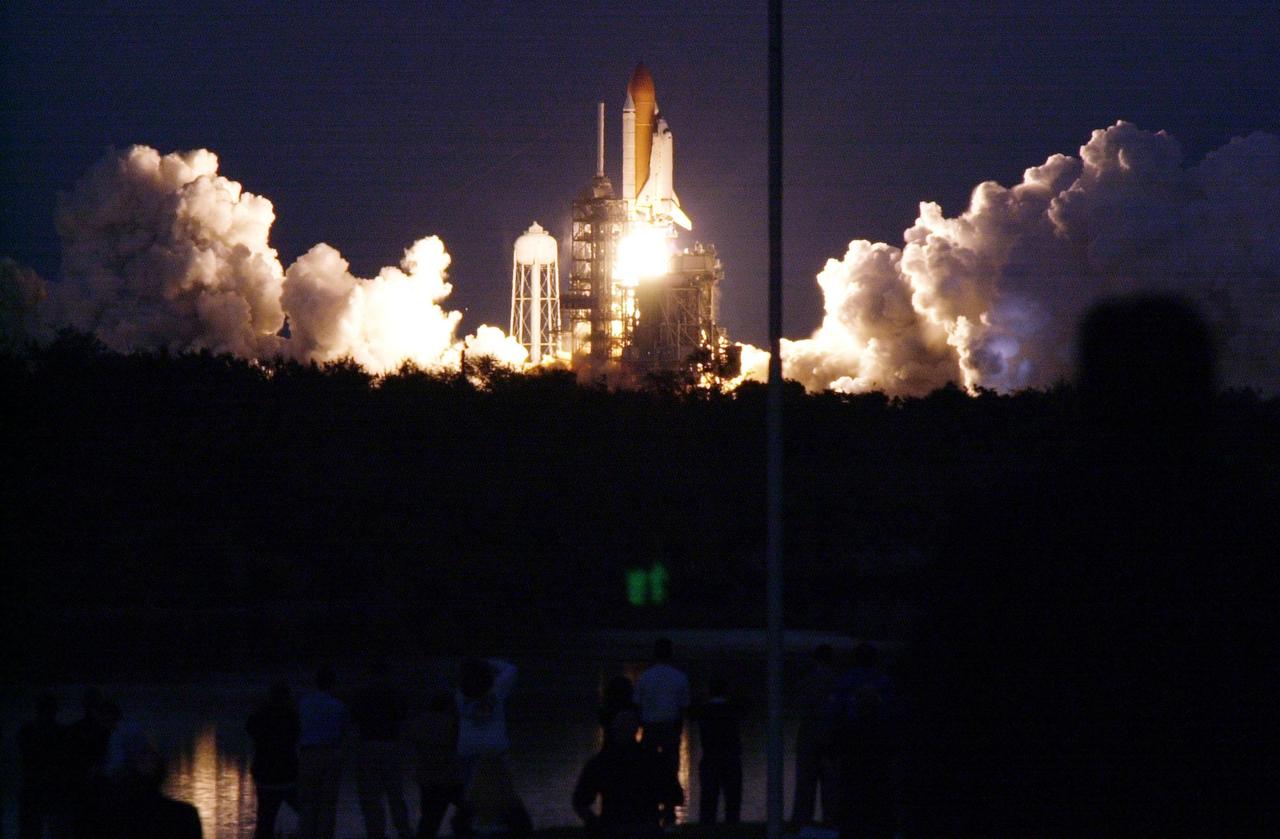 Like 10,000 fireworks going off at once, Space Shuttle Atlantis roars into the moonlit sky while clouds of steam and smoke cascade behind. Liftoff occurred at 6:13:02 p.m. EST. Along with a crew of five, Atlantis is carrying the U.S. Laboratory Destiny, a key module in the growth of the Space Station. Destiny will be attached to the Unity node on the Space Station using the Shuttle’s robotic arm. Three spacewalks are required to complete the planned construction work during the 11-day mission. This mission marks the seventh Shuttle flight to the Space Station, the 23rd flight of Atlantis and the 102nd flight overall in NASA’s Space Shuttle program. The planned landing is at KSC Feb. 18 about 1:39 p.m. EST