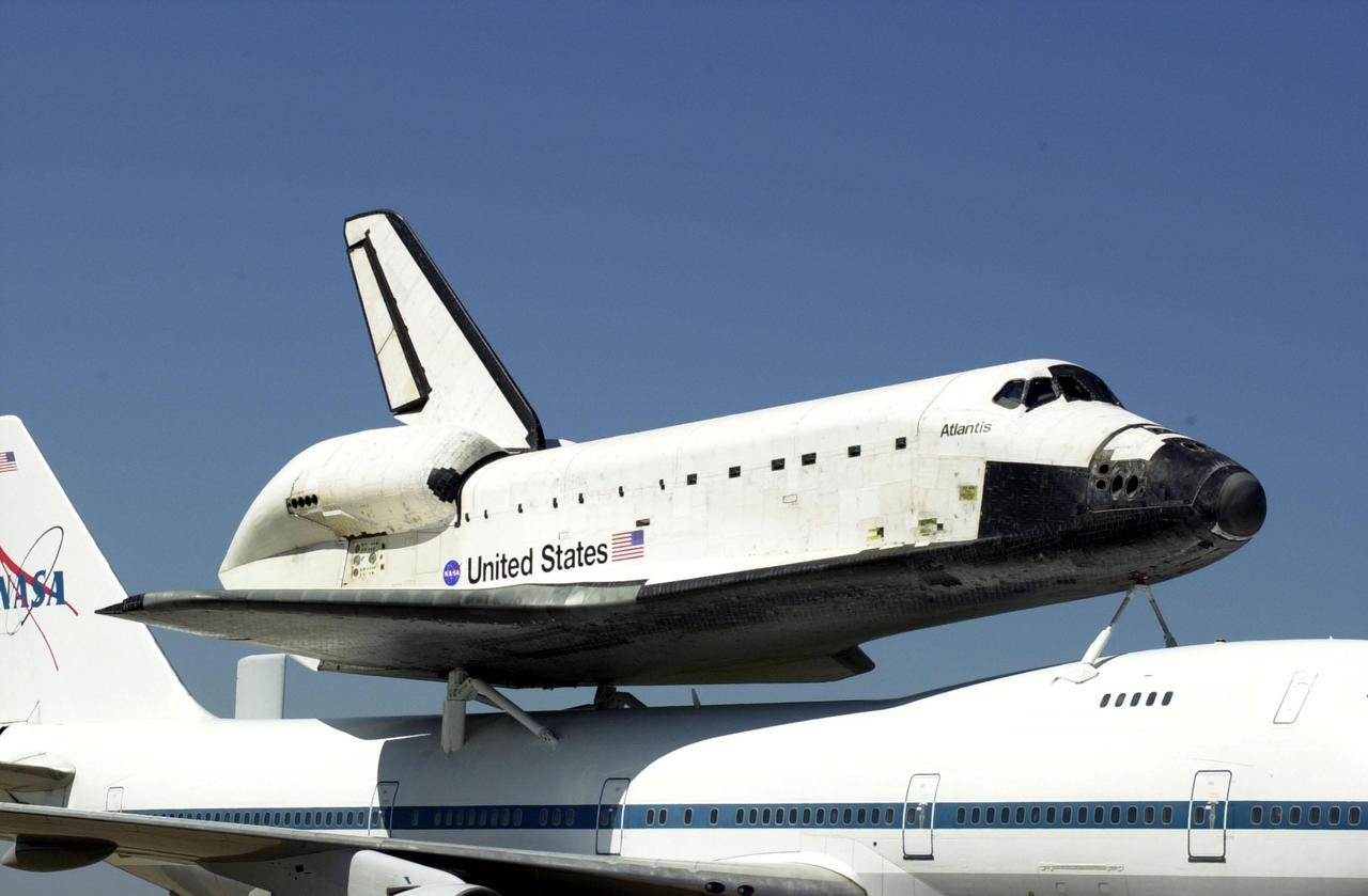 KENNEDY SPACE CENTER, FLA. -- This closeup shows the orbiter Atlantis atop a Shuttle Carrier Aircraft, its transport from California, after landing at the KSC Shuttle Landing Facility. Atlantis landed in California Feb. 19 concluding mission STS-98. The ferry flight began in California March 1; unfavorable weather conditions kept it on the ground at Altus AFB, Okla., until it could return to Florida. The orbiter will next fly on mission STS-104, the 10th construction flight to the International Space Station, scheduled June 8