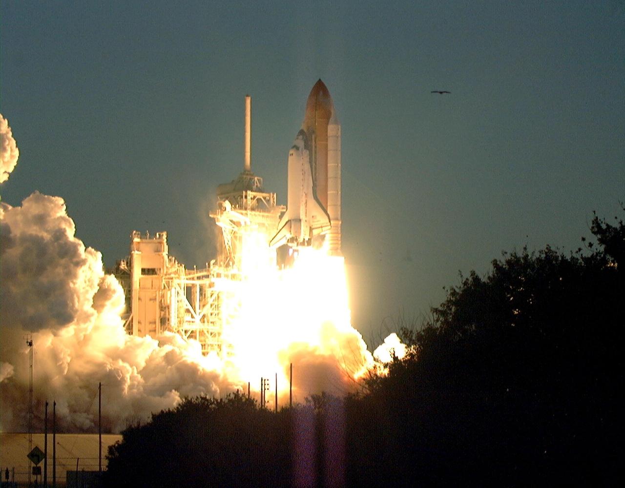 KENNEDY SPACE CENTER, Fla. -- Space Shuttle Discovery lifts off at 6:42:09 EST on mission STS-102 from Launch Pad 39B, rousing the birds in the area just at dawn. The brilliant flames and exhaust rival the rising sun, barely seen on the horizon. STS-102 is the eighth flight to the International Space Station
