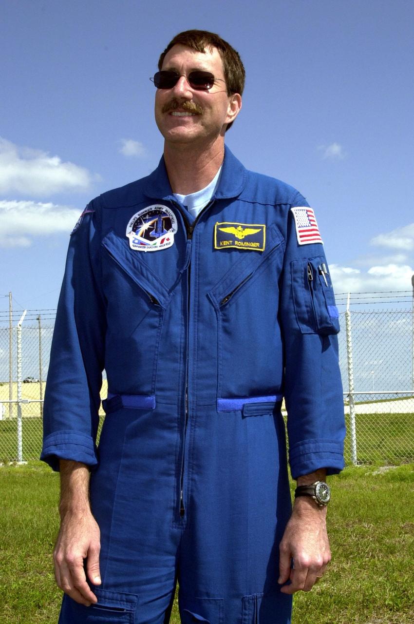 KENNEDY SPACE CENTER, FLA. -- STS-100 Commander Kent V. Rominger stands near Launch Pad 39A to greet family and friends. The crew is at KSC to complete final flight plan reviews in anticipation of launch. The 11-day mission to the International Space Station will deliver and integrate the Spacelab Logistics Pallet/Launch Deployment Assembly, which includes the Space Station Remote Manipulator system and the UHF Antenna, and the Multi-Purpose Logistics Module Raffaello. The mission includes two planned spacewalks for installation of the SSRMS. The mission is also the inaugural flight of the MPLM Raffaello, carrying resupply stowage racks and resupply/return stowage platforms. Liftoff on mission STS-100 is scheduled at 2:41 p.m. EDT April 19