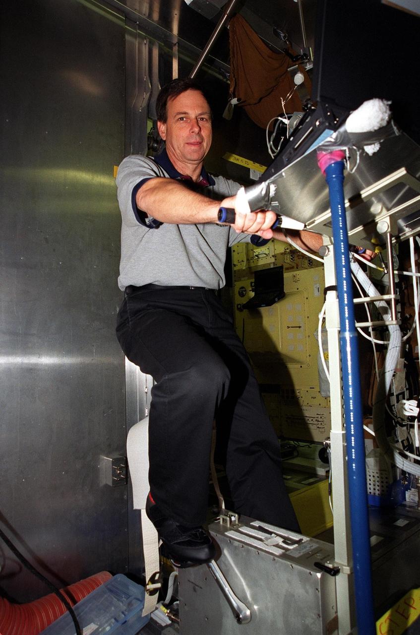 KENNEDY SPACE CENTER, Fla. -- STS-107 Payload Specialist Ilan Ramon, of Israel, trains on equipment in the training module at SPACEHAB, Cape Canaveral. Ramon and other crew members Commander Rick D. Husband, Pilot William C. McCool, Payload Commander Michael P. Anderson; and Mission Specialists Kalpana Chawla, Laurel Blair Salton Clark and David M. Brown are at SPACEHAB to take part in Crew Equipment Interface Test (CEIT) activities. The CEIT enables the crew to perform certain flight operations, operate experiments in a flight-like environment, evaluate stowage locations and obtain additional exposure to specific experiment operations. As a research mission, STS-107 will carry the SPACEHAB Double Module in its first research flight into space and a broad collection of experiments ranging from material science to life science. STS-107 is scheduled for launch May 23, 2002
