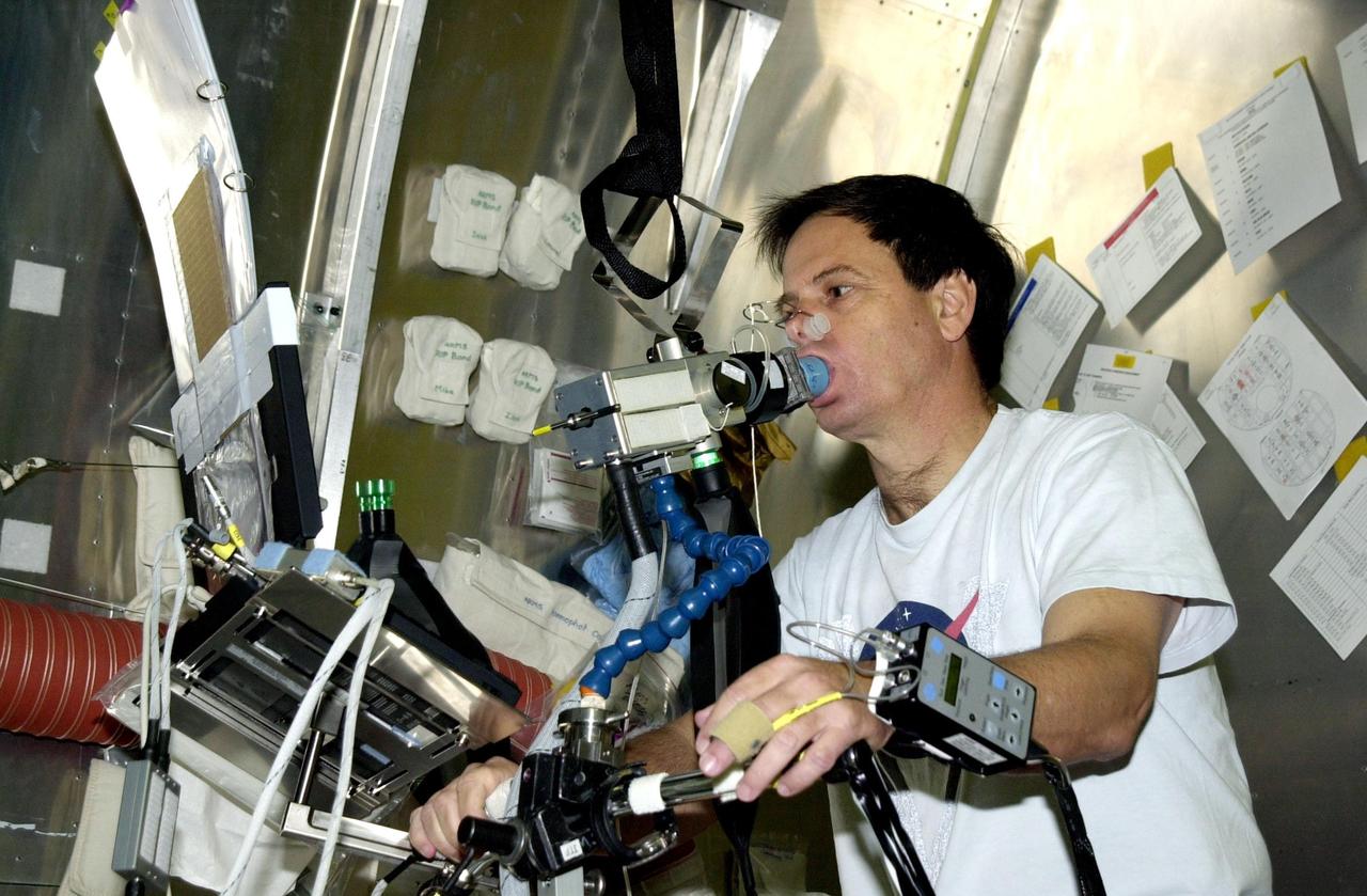 KENNEDY SPACE CENTER, FLA. - - STS-107 Payload Specialist Ilan Ramon, from Israel, works on an experiment at SPACEHAB, Cape Canaveral, Fla. With him is Mission Specialist Laurel Clark. STS-107 is a research mission. The primary payload is the first flight of the SHI Research Double Module (SHI/RDM). The experiments range from material sciences to life sciences (many rats). Also part of the payload is the Fast Reaction Experiments Enabling Science, Technology, Applications and Research (FREESTAR) that incorporates eight high priority secondary attached shuttle experiments: Mediterranean Israeli Dust Experiment (MEIDEX), Shuttle Ozone Limb Sounding Experiment (SOLSE-2), Student Tracked Atmospheric Research Satellite for Heuristic International Networking Experiment (STARSHINE), Critical Viscosity of Xenon-2 (CVX-2), Solar Constant Experiment-3 (SOLOCON-3), Prototype Synchrotron Radiation Detector (PSRD), Low Power Transceiver (LPT), and Collisions Into Dust Experiment -2 (COLLIDE-2). STS-107 is scheduled to launch in July 2002