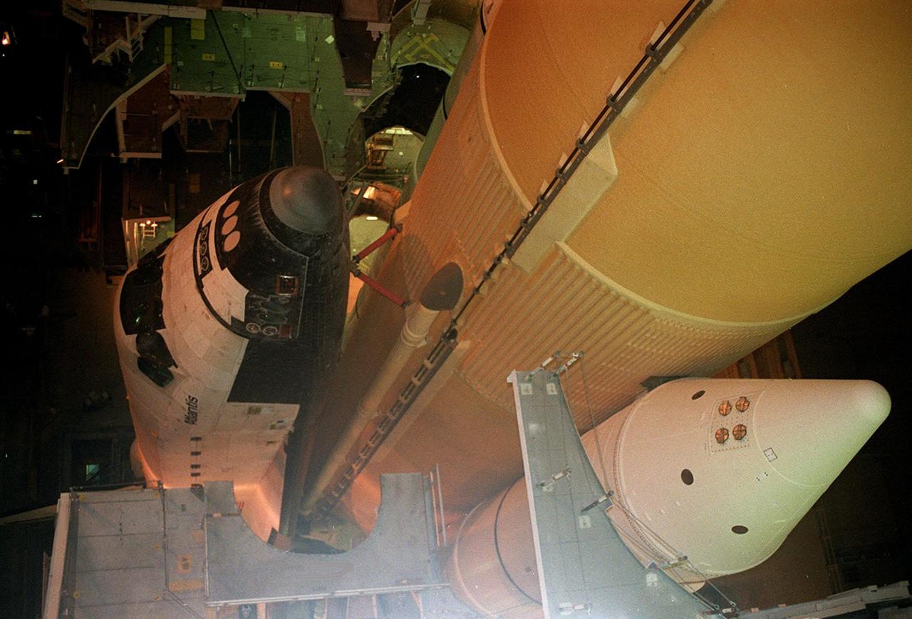 KENNEDY SPACE CENTER, FLA. -- In the Vehicle Assembly Building, Space Shuttle Atlantis is viewed from overhead just before beginning rollout to Launch Pad 39A. Atlantis will fly on mission STS-98, the seventh construction flight to the International Space Station. The orbiter will carry in its payload bay the U.S. Laboratory, named Destiny, that will have five system racks already installed inside the module. After delivery of electronics in the lab, electrically powered attitude control for Control Moment Gyroscopes will be activated. Atlantis is scheduled for launch no earlier than Jan. 19, 2001, with a crew of five