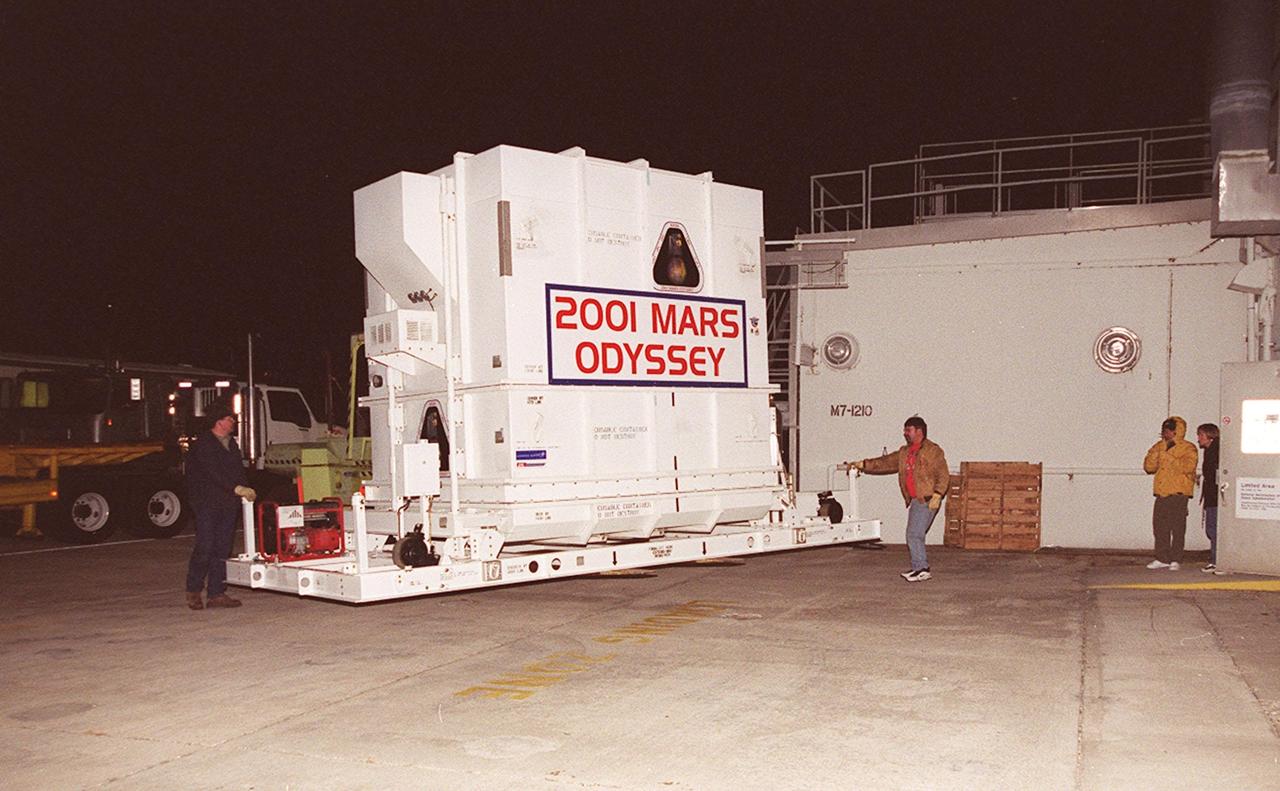 The 2001 Mars Odyssey spacecraft arrives at the Spacecraft Assembly and Encapsulation Facility 2 (SAEF-2) located in the KSC Industrial Area. The spacecraft arrived at KSC's Shuttle Landing Facility aboard an Air Force C-17 cargo airplane that brought it from Denver, Colo.., location of the Lockheed Martin plant where the spacecraft was built. In the SAEF, Odyssey will undergo final assembly and checkout. This includes installation of two of the three science instruments, integration of the three-panel solar array, and a spacecraft functional test. It will be fueled and then mated to an upper stage booster, the final activities before going to the launch pad. Launch is planned for April 7, 2001 the first day of a 21-day planetary window. Mars Odyssey will be inserted into an interplanetary trajectory by a Boeing Delta II launch vehicle from Pad A at Complex 17 at the Cape Canaveral Air Force Station, Fla. The spacecraft will arrive at Mars on Oct. 20, 2001, for insertion into an initial elliptical capture orbit. Its final operational altitude will be a 250-mile-high, Sun-synchronous polar orbit. Mars Odyssey will spend two years mapping the planet's surface and measuring its environment