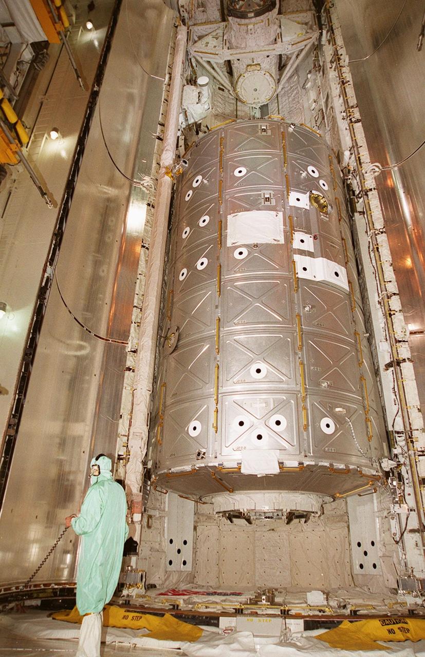 KENNEDY SPACE CENTER, FLA. -- At Launch Pad 39A, the U.S. Laboratory Destiny waits in Atlantis’s payload bay for closure of the payload bay doors. Destiny, a key element in the construction of the International Space Station, is 28 feet long and weighs 16 tons. This research and command-and-control center is the most sophisticated and versatile space laboratory ever built. It will ultimately house a total of 23 experiment racks for crew support and scientific research. Destiny will be launched Feb. 7 on STS-98, the seventh construction flight to the ISS