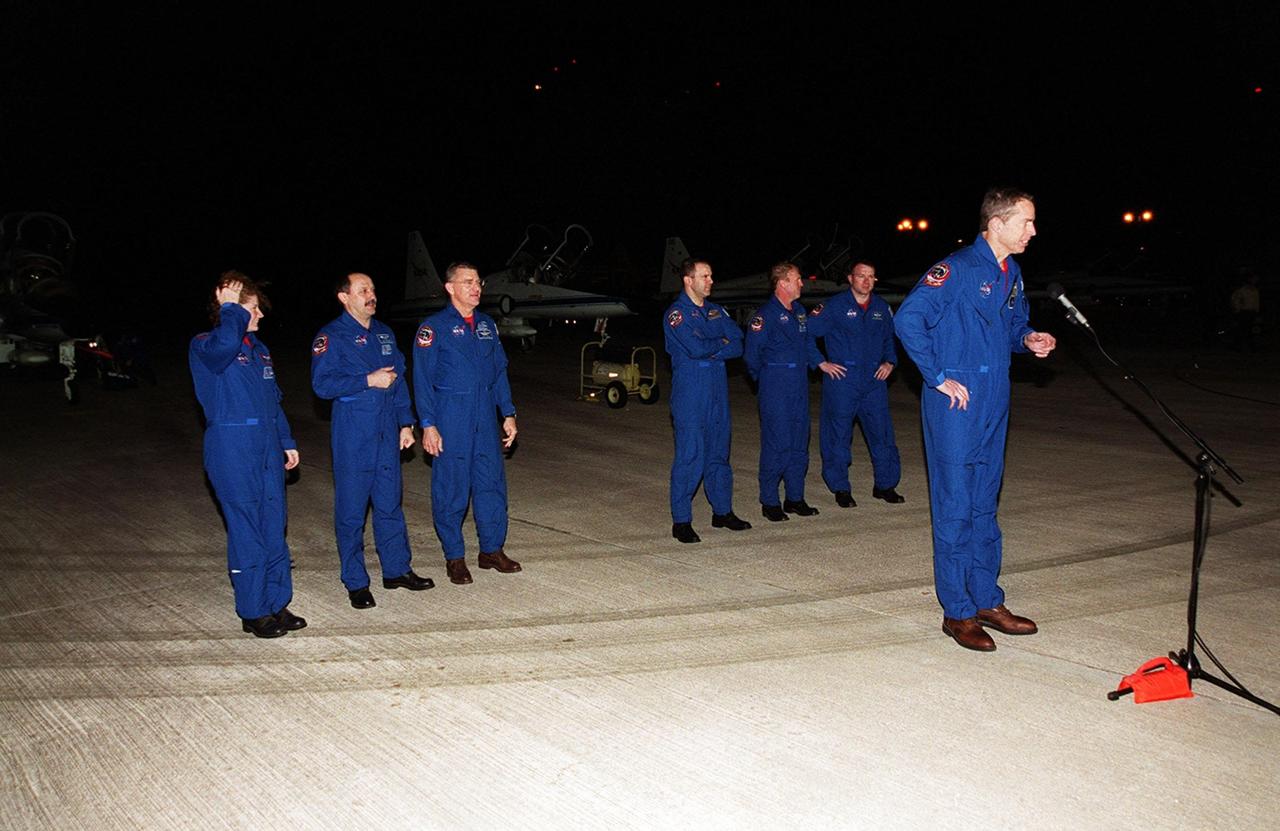 After landing at KSC’s Shuttle Landing Facility, the STS-102 crew pauses to brief the media. At the microphone is Commander James Wetherbee. Standing behind him (left to right) are Missions Specialists Susan Helms, Yury Usachev and James Voss, who are also the Expedition Two crew due to replace Expedition One on the International Space Station; Mission Specialists Paul Richards and Andrew Thomas; and Pilot James Kelly. STS-102 will be carrying the Multi-Purpose Logistics Module Leonardo, the primary delivery system used to resupply and return Station cargo requiring a pressurized environment. Leonardo will deliver up to 10 tons of laboratory racks filled with equipment, experiments and supplies for outfitting the newly installed U.S. Laboratory Destiny. STS-102 is scheduled to launch March 8 at 6:42 a.m. EST