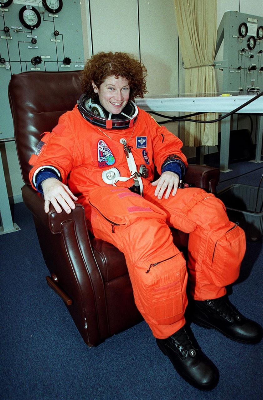STS-102 Mission Specialist Susan Helms shows her pleasure at the imminent launch to the International Space Station. This will be Helms’ fifth Shuttle flight. She is also part of the Expedition Two crew replacing Expedition One. STS-102 is the eighth construction flight to the Station, carrying the Multi-Purpose Logistics Module Leonardo. The primary delivery system used to resupply and return Station cargo requiring a pressurized environment, Leonardo will deliver up to 10 tons of laboratory racks filled with equipment, experiments and supplies for outfitting the newly installed U.S. Laboratory Destiny. Discovery is set to launch March 8 at 6:42 a.m. EST. The 12-day mission is expected to end with a landing at KSC on March 20