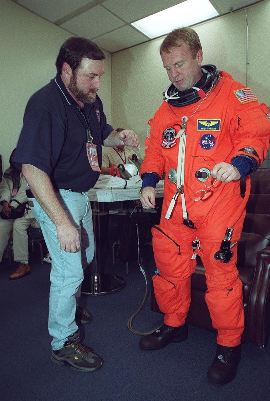 STS-102 Mission Specialist Susan Helms shows her pleasure at the imminent launch to the International Space Station. This will be Helms’ fifth Shuttle flight. She is also part of the Expedition Two crew replacing Expedition One. STS-102 is the eighth construction flight to the Station, carrying the Multi-Purpose Logistics Module Leonardo. The primary delivery system used to resupply and return Station cargo requiring a pressurized environment, Leonardo will deliver up to 10 tons of laboratory racks filled with equipment, experiments and supplies for outfitting the newly installed U.S. Laboratory Destiny. Discovery is set to launch March 8 at 6:42 a.m. EST. The 12-day mission is expected to end with a landing at KSC on March 20