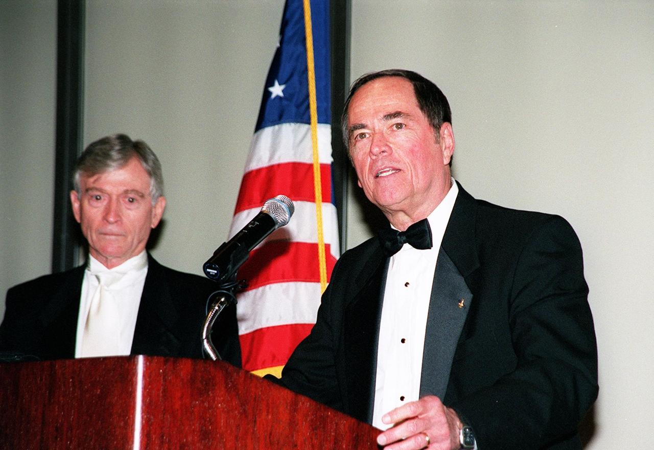  The 12th annual Dr. Kurt H. Debus Award Dinner included as speakers the first Shuttle crew from STS-1, John Young (left) and Robert Crippen (right). At the dinner, Center Director Roy Bridges received the 2001 Dr. Kurt H. Debus Award honoring his progressive, visionary leadership and contributions to space technology and exploration. The Florida Committee of the National Space Club presented the award. The Debus Award was first given in 1980. Created to recognize significant achievements and contributions made in Florida to the American aerospace effort, the award is named for the KSC’s first Director, Dr. Kurt H. Debus