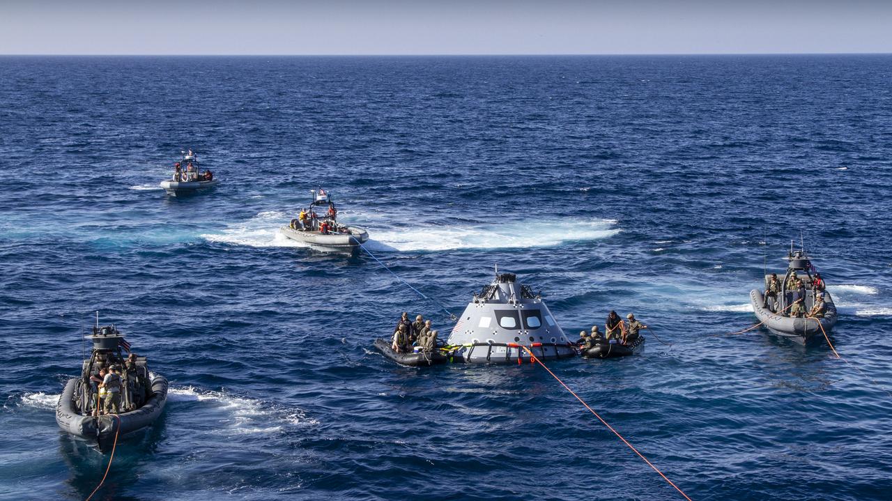 NASA's Recovery Team, along with the U.S. Navy, practice recovering a test version of the Orion capsule as part of Underway Recovery Test-7 (URT-7) in the Pacific Ocean. URT-7 is one in a series of tests that the Exploration Ground Systems Recovery Team, along with the U.S. Navy, are conducting to verify and validate procedures and hardware that will be used to recover the Orion spacecraft after it splashes down in the Pacific Ocean following deep space exploration missions. Orion will have emergency abort capability, sustain the crew during space travel and provide safe re-entry from deep space return velocities.
