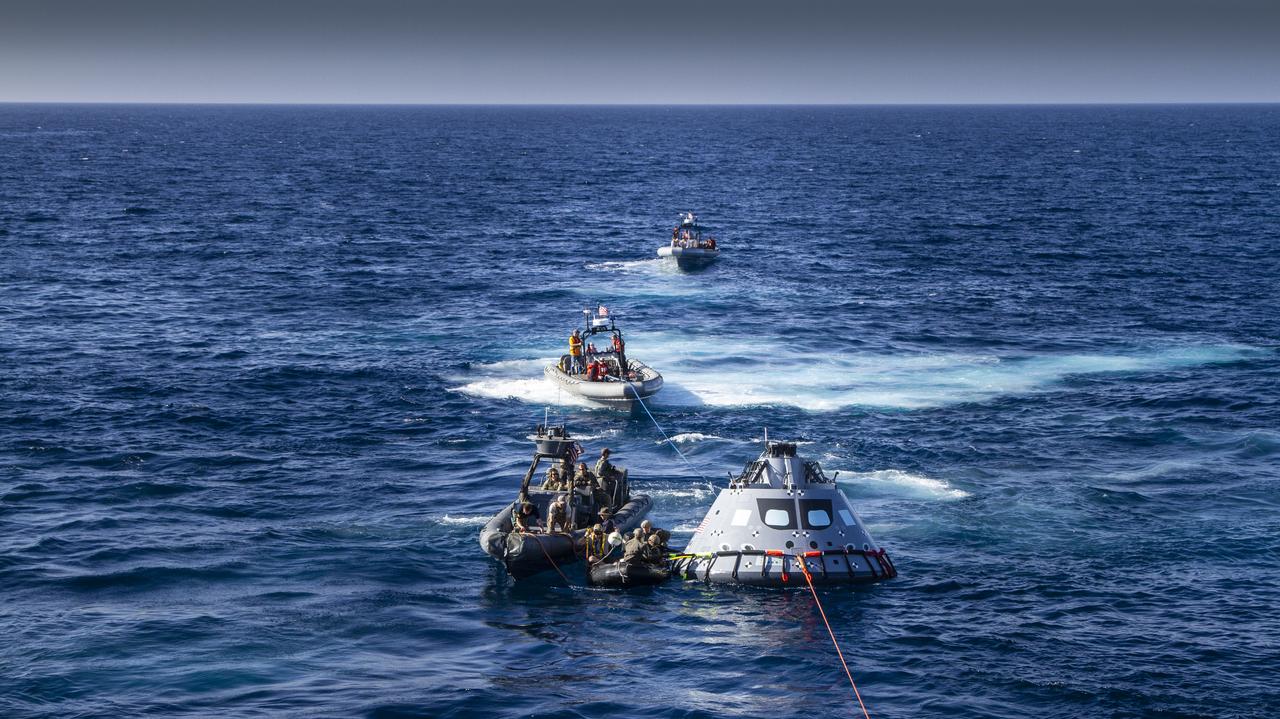 NASA's Recovery Team, along with the U.S. Navy, practice recovering a test version of the Orion capsule as part of Underway Recovery Test-7 (URT-7) in the Pacific Ocean. URT-7 is one in a series of tests that the Exploration Ground Systems Recovery Team, along with the U.S. Navy, are conducting to verify and validate procedures and hardware that will be used to recover the Orion spacecraft after it splashes down in the Pacific Ocean following deep space exploration missions. Orion will have emergency abort capability, sustain the crew during space travel and provide safe re-entry from deep space return velocities.