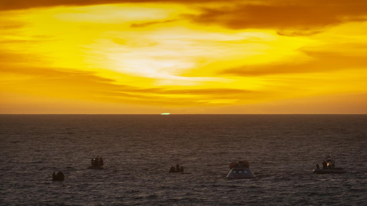 At sunset on Nov. 1, 2018, NASA's Recovery Team, along with the U.S. Navy, practice recovering a test version of the Orion capsule as part of Underway Recovery Test-7 (URT-7) in the Pacific Ocean. URT-7 is one in a series of tests that the Exploration Ground Systems Recovery Team, along with the U.S. Navy, are conducting to verify and validate procedures and hardware that will be used to recover the Orion spacecraft after it splashes down in the Pacific Ocean following deep space exploration missions. Orion will have emergency abort capability, sustain the crew during space travel and provide safe re-entry from deep space return velocities.