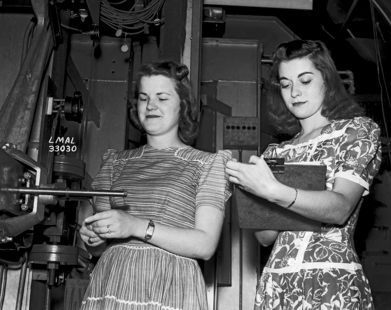 Women Adequately Filling Posts in NACA Laboratory: Nearly 200 women are employed at the Langley Laboratory of the National Advisory Committee for Aeronautics in a limited capacity as mechanics’ helpers and minor laboratory aids on the jobs formerly handled by men, according to E.H. Derring, of the Aerodynamics Division. Many phases of the operations of various wind tunnels at the laboratory are now handled by women with experienced male supervision. Mr. Derring said, pointing out that the reading of the data indicated on wind tunnel instruments during a test is done in a large measure by women.  In addition to reading the instruments and computing and integrating engineering test data obtained from tunnel investigations, the minor laboratory aides assist in the preparation of aircraft models preliminary to testing. Women employees who will serve in the Aerodynamics Division of the Laboratory attend an orientation class for two weeks, during which they receive instruction on phases of the work they will do and their aptitudes for different types of work are evaluated in order that they may be properly placed.  More than 100 women are employed in minor laboratory apprentices, performing mechanical work heretofore done by men. These women are employed in the various shops of the laboratory.  Women in the woodworking shops are taught to operate 15 different machines in carrying out their assignments. Norfolk new paper article from 1943 by Lee Dickinson.