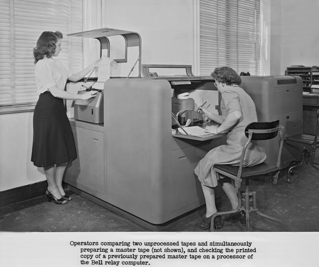 Publicity Photos of Bell Computing Machines at 19 Foot Pressure Tunnel Mrs. Doris Rudd Porter Baron photographed in the photos. 