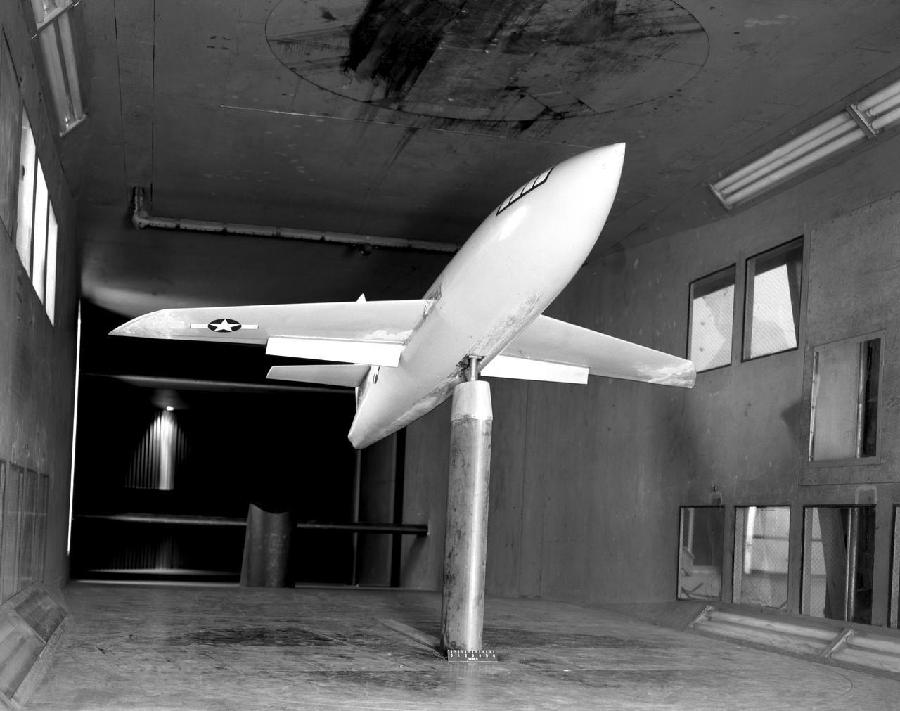 Modified Bell X-1 model pioneered variable-sweep studies in 1947.  Photograph published in Sixty Years of Aeronautical Research 1917-1977 By David A. Anderton. A NASA publication, page 52.Modified Bell X-1 model pioneered variable-sweep studies in 1947.  Photograph published in Sixty Years of Aeronautical Research 1917-1977 By David A. Anderton. A NASA publication, page 52.