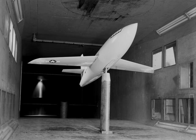 NASA image: Bell X-1 Research Model on Single Support Strut in 7 x 10 Foot Wind Tunnel