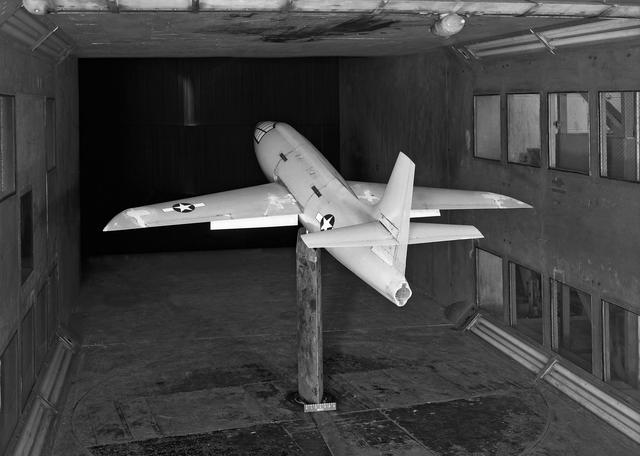 NASA image: Bell X-1 Research Model on Single Support Strut in 7 x 10 Foot Wind Tunnel