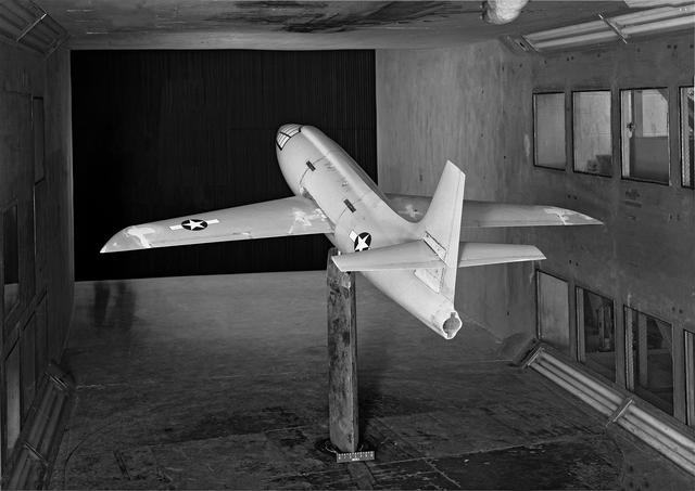 NASA image: Bell X-1 Research Model on Single Support Strut in 7 x 10 Foot Wind Tunnel