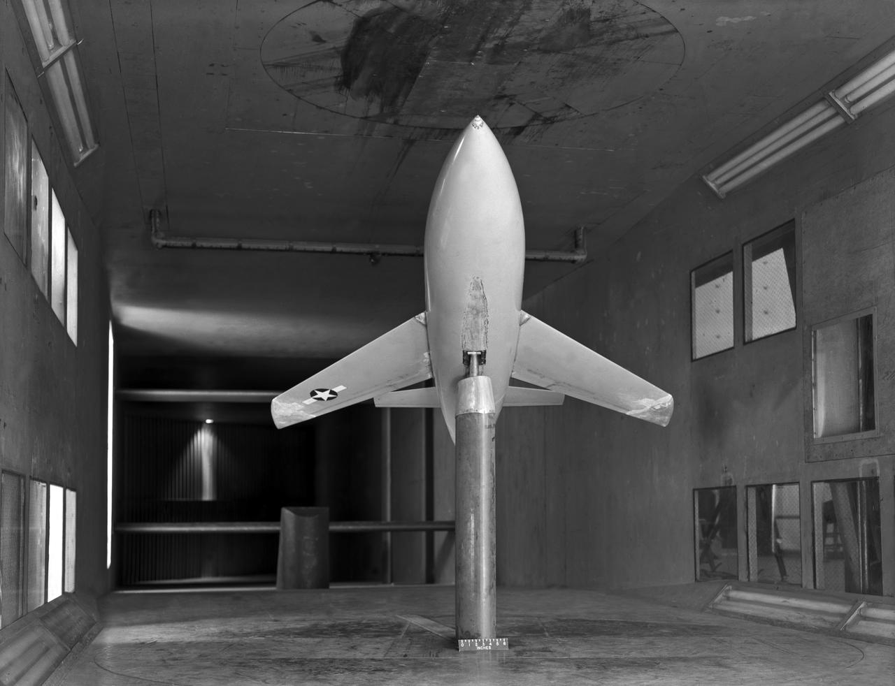 Modified Bell X-1 model pioneered variable-sweep studies in 1947.  Photograph published in Sixty Years of Aeronautical Research 1917-1977 By David A. Anderton. A NASA publication, page 52.