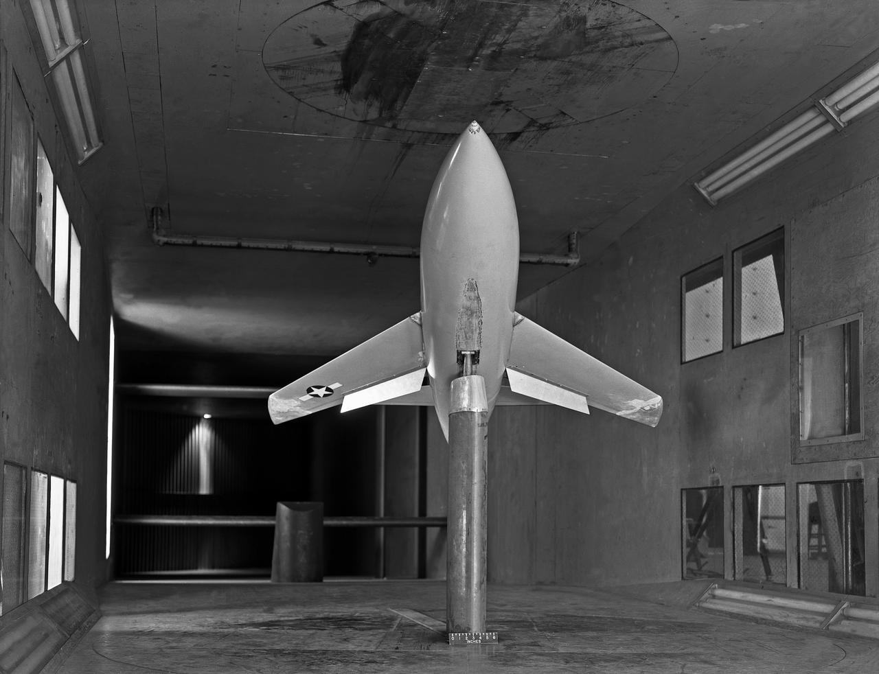 Modified Bell X-1 model pioneered variable-sweep studies in 1947.  Photograph published in Sixty Years of Aeronautical Research 1917-1977 By David A. Anderton. A NASA publication, page 52.