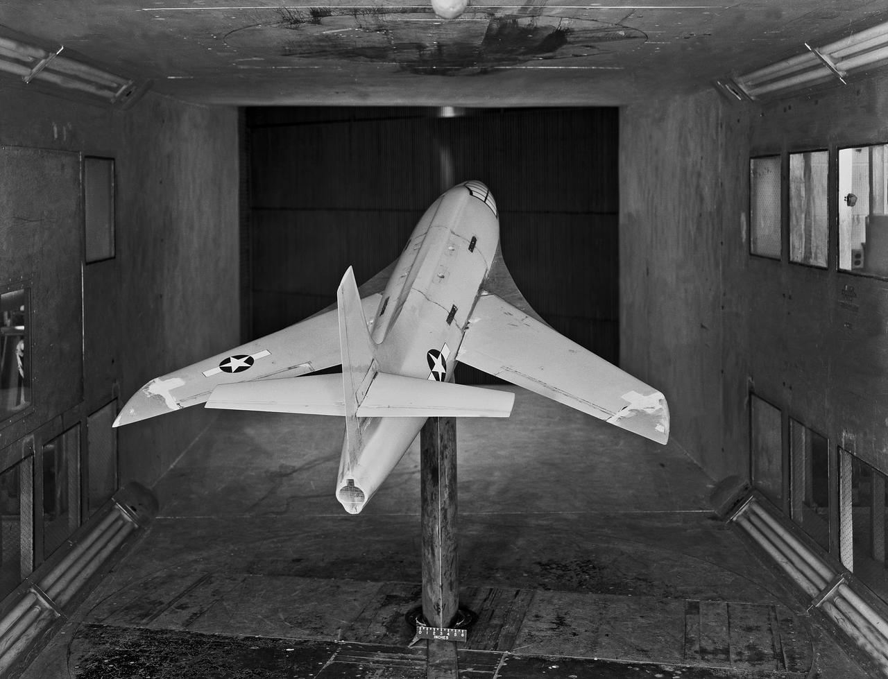 Modified Bell X-1 model pioneered variable-sweep studies in 1947.  Photograph published in Sixty Years of Aeronautical Research 1917-1977 By David A. Anderton. A NASA publication, page 52.