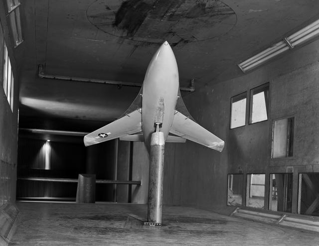 NASA image: Bell X-1 Research Model on Single Support Strut in 7 x 10 Foot Wind Tunnel