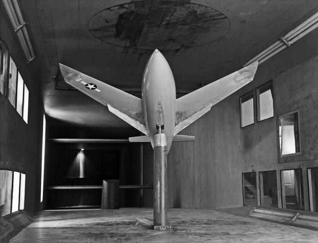 NASA image: Bell X-1 Research Model on Single Support Strut in 7 x 10 Foot Wind Tunnel