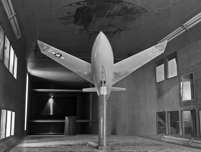 NASA image: Bell X-1 Research Model on Single Support Strut in 7 x 10 Foot Wind Tunnel