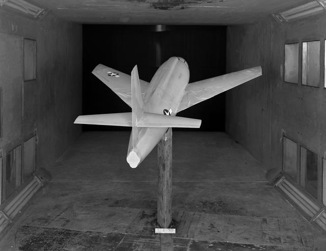NASA image: Bell X-1 Research Model on Single Support Strut in 7 x 10 Foot Wind Tunnel