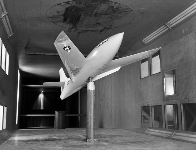 NASA image: Bell X-1 Research Model on Single Support Strut in 7 x 10 Foot Wind Tunnel