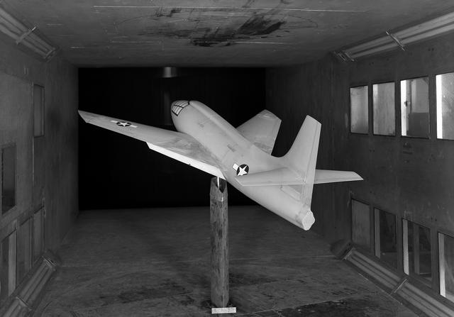 NASA image: Bell X-1 Research Model on Single Support Strut in 7 x 10 Foot Wind Tunnel