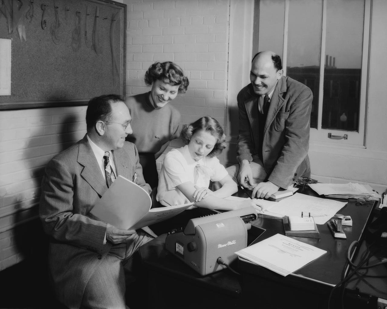 NACA Laboratory Computers Help Compile Handbook: ''Monroe Methods for Algebra, " a new booklet describing short-cuts that can be used in solving frequently-used algebraic formulas with a calculating machine, is undergoing its first trial at the hands of Laboratory computers. Several Monro-matics were purchased recently by NACA.  NACA Air Scoop August 17,1951 Page 4. 