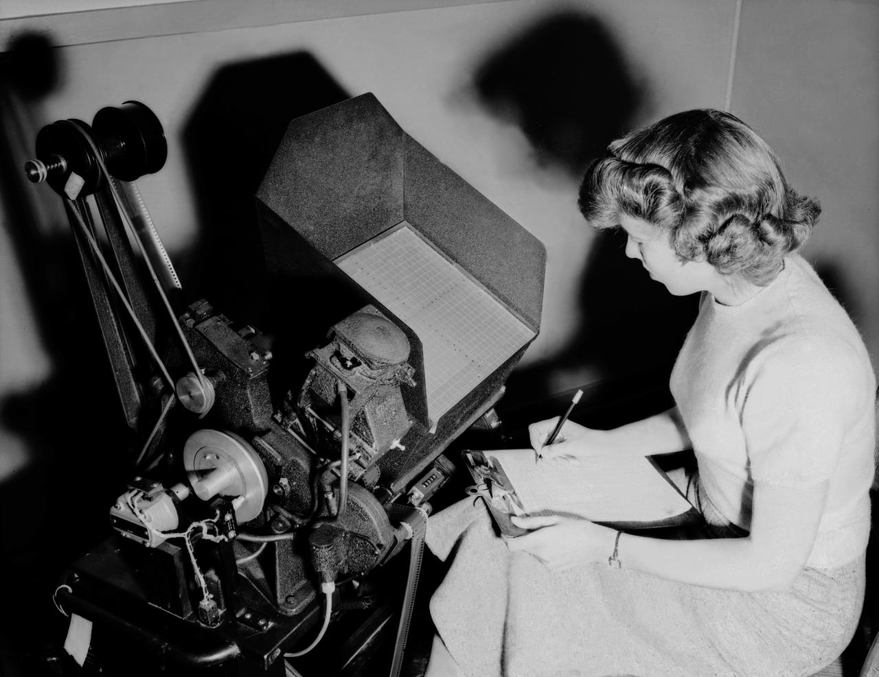 Publicity photo from Muroc California, showing female support personnel with equipment.